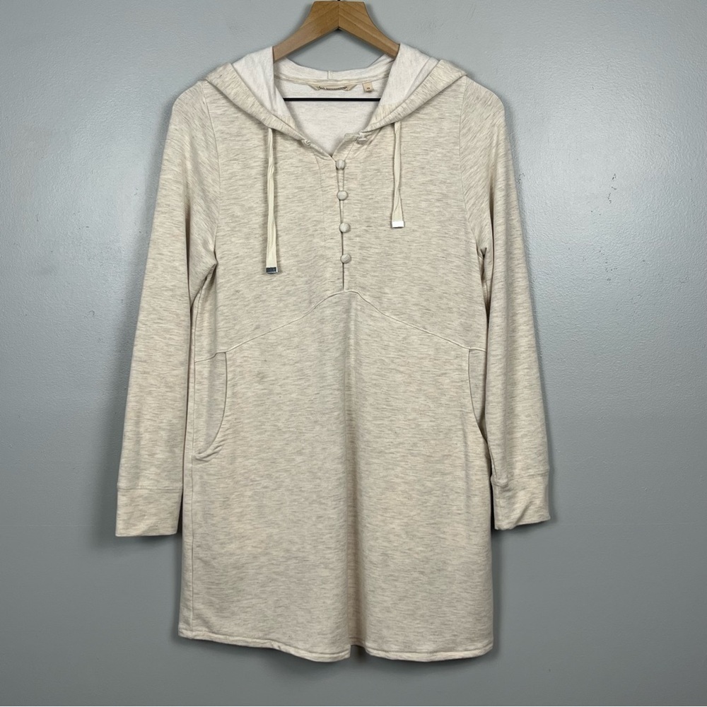 Soft Surroundings oatmeal color viscose blend hoodie tunic length top, XS.